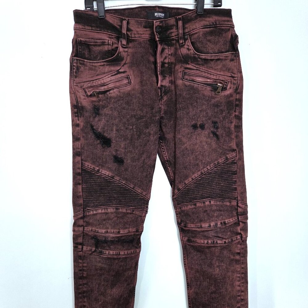 NWOT Hudson Blinder Biker Red Wash Distressed Black Jeans Size 33